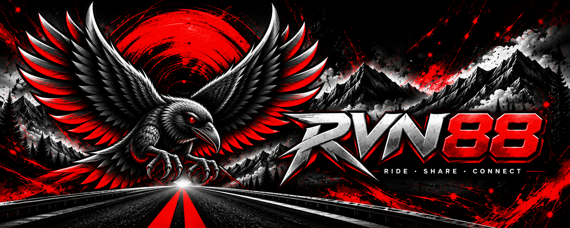RVN88: cuervo, montañas y carretera. Ride · Share · Connect.